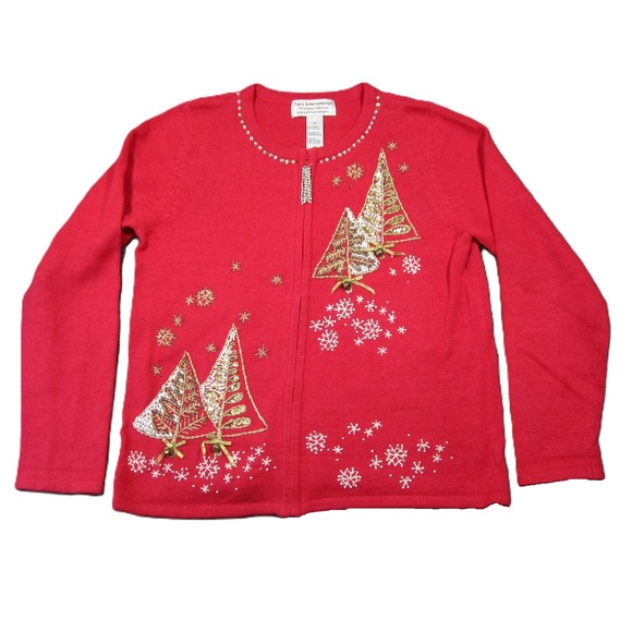 Tiara International Christmas Cardigan Sweater M Red Gold Sequin Zip Up Bells - Picture 1 of 11